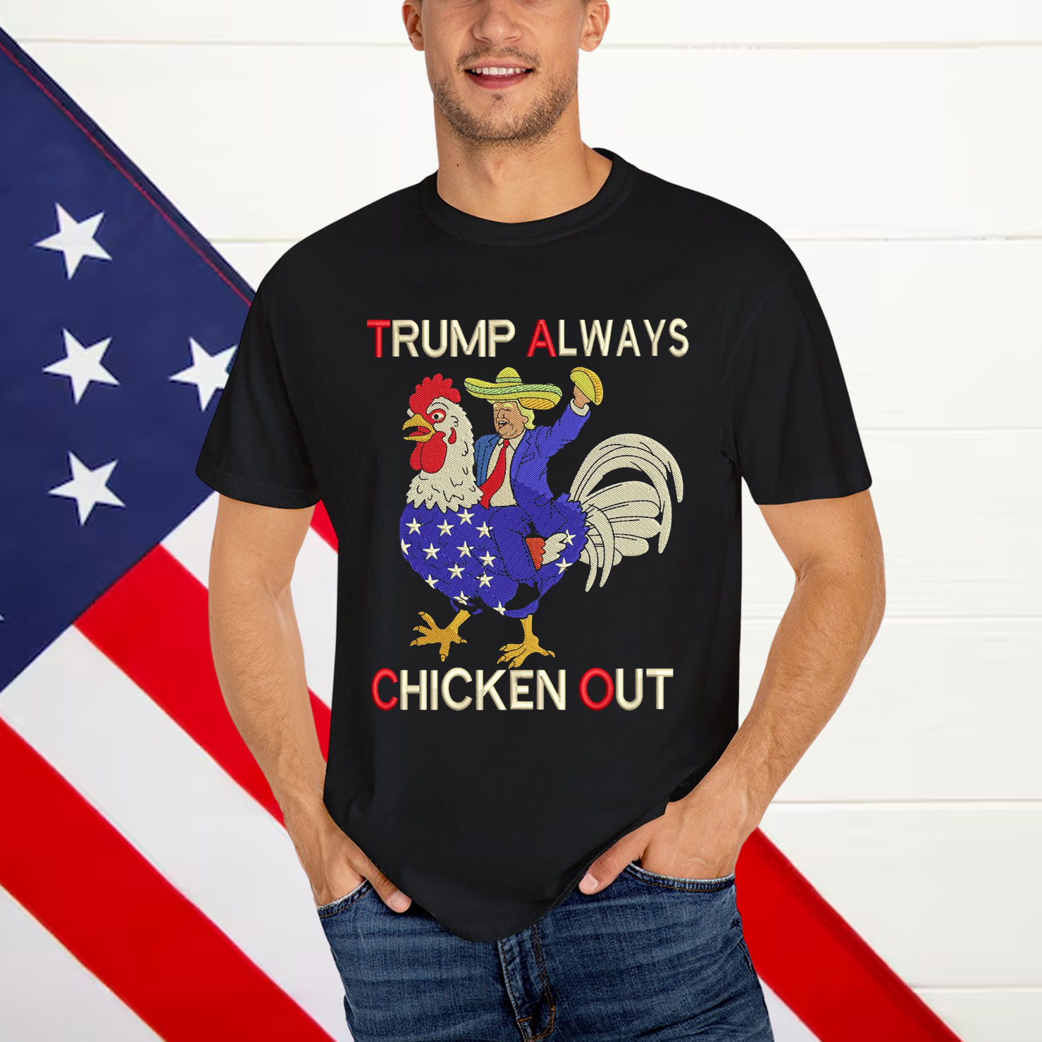 Trump Always Chickens Out Funny Embroidered Shirt