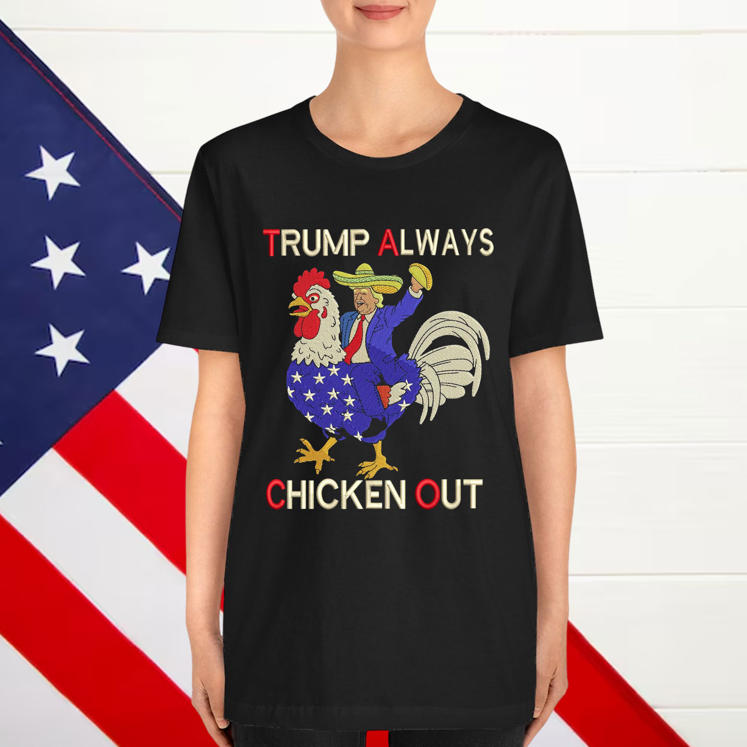 Trump Always Chickens Out Funny Embroidered Shirt